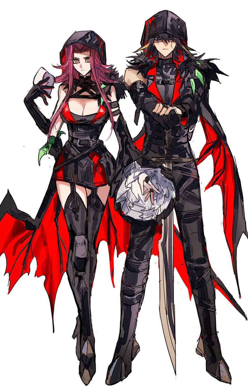 1boy, 1girl, absurdres, black_hair, blonde_hair, blue_eyes, boots, breasts, brown_eyes, cleavage, cosplay, detached_sleeves, diabellstar_the_black_witch, diabellstar_the_black_witch_(cosplay), dress, duel_monster, fudo_yusei, full_body, fur-trimmed_jacket, fur_trim, gloves, highres, holding, holding_mask, holding_sword, holding_weapon, hood, hood_up, izayoi_aki, jacket, large_breasts, low_wings, mask, multicolored_hair, naoki_(2rzmcaizerails6), planted, planted_sword, planted_weapon, pointy_hair, red_hair, single_bare_shoulder, single_detached_sleeve, single_glove, single_sleeve, streaked_hair, sword, weapon, wings, yu-gi-oh!, yu-gi-oh!_5d's