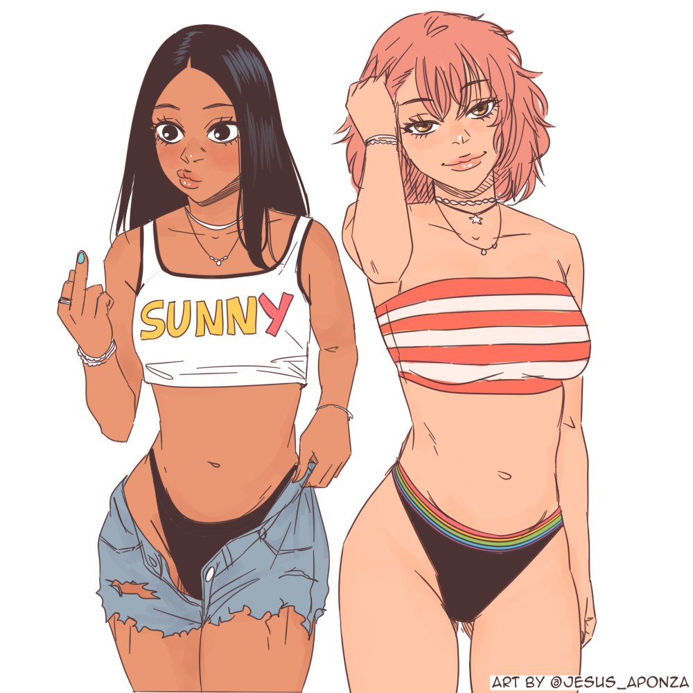 2girls, aqua_nails, arm_up, black_eyes, black_hair, black_panties, blue_shorts, bracelet, breasts, cowboy_shot, crop_top, dark-skinned_female, dark_skin, jesus_aponza, jewelry, large_breasts, long_hair, medium_hair, middle_finger, multiple_girls, navel, necklace, original, panties, pink_eyes, pink_hair, print_tank_top, ring, rosa_(jesus_aponza), shorts, simple_background, smile, sol_(jesus_aponza), strapless, tank_top, tube_top, underwear, white_background