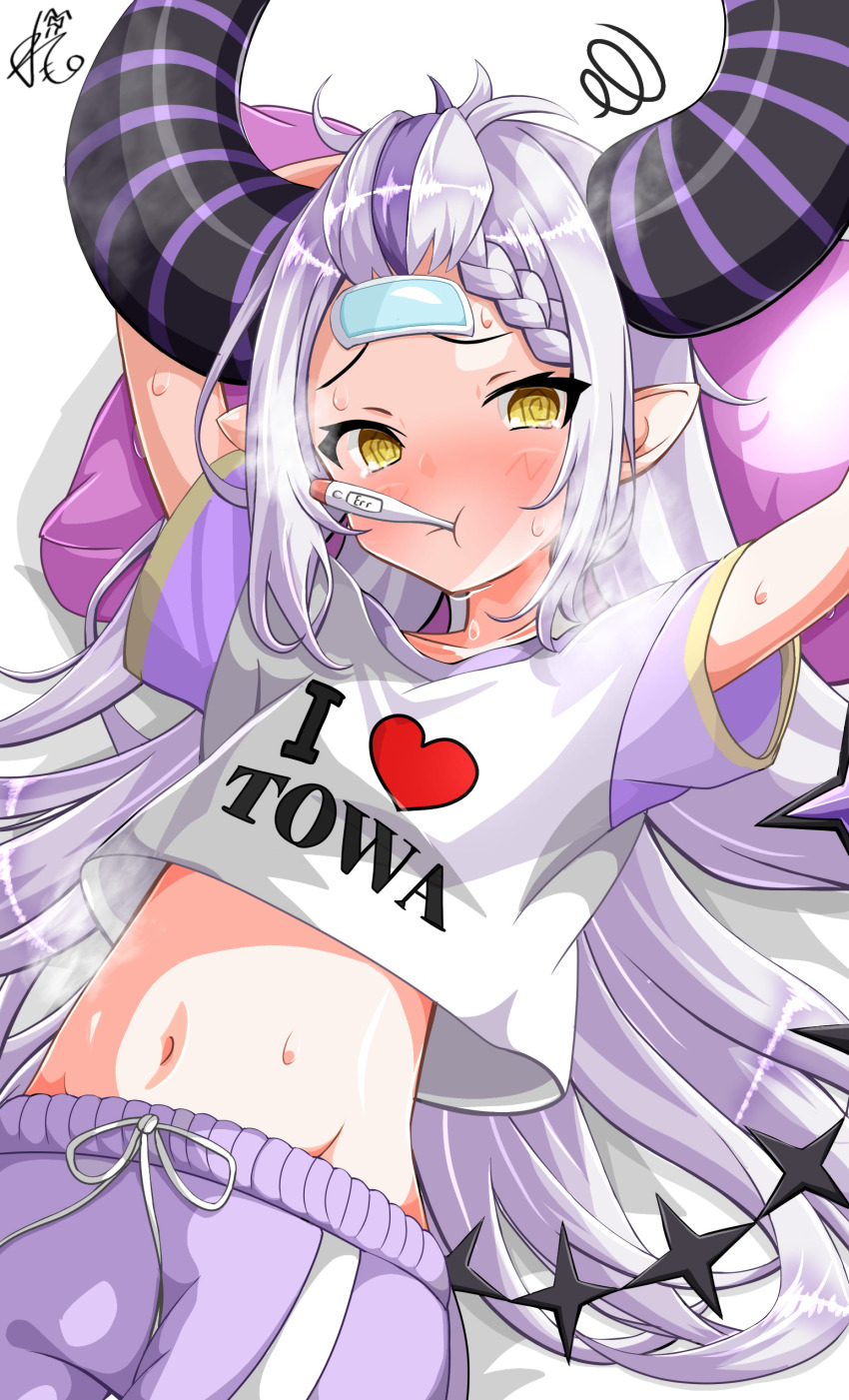 1girl, @_@, absurdres, alternate_costume, black_horns, braid, braided_bangs, grey_hair