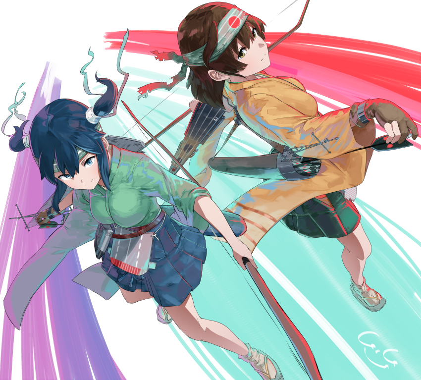 2girls, absurdres, archery, arrow_(projectile), blue_eyes, blue_hair, blue_hakama, blush