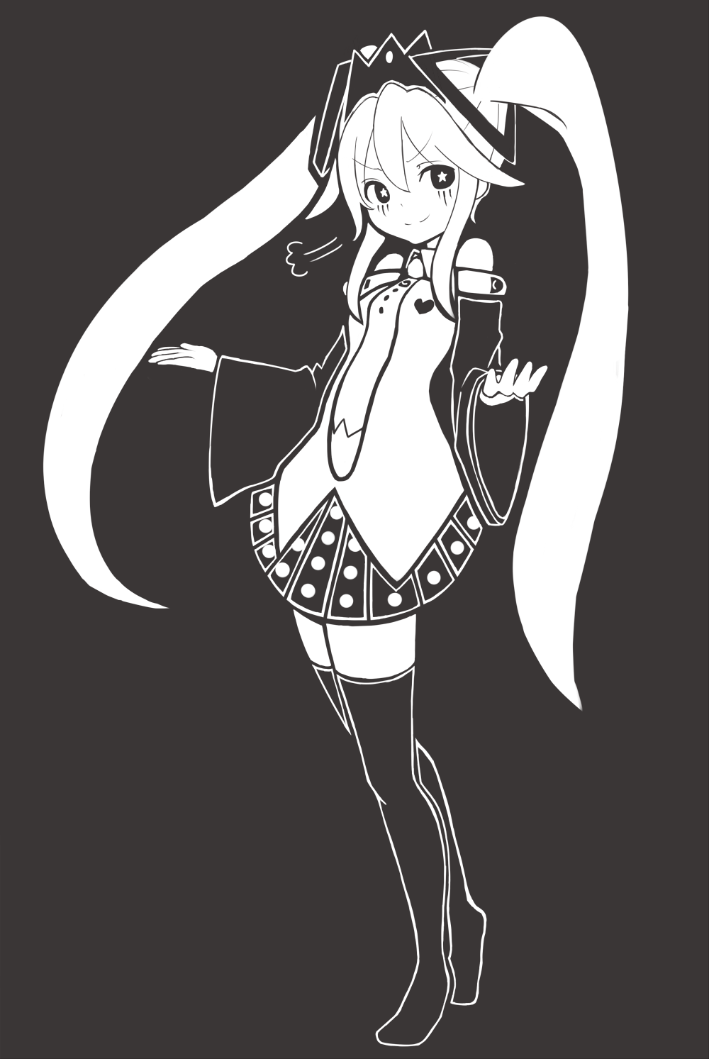 1girl, bare_shoulders, blush, buriki_no_dance_(vocaloid), crown, detached_sleeves, greyscale, hair_between_eyes