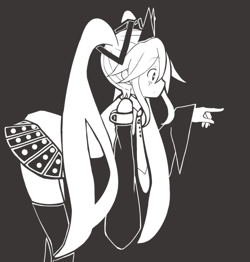 1girl, bare_shoulders, blush, buriki_no_dance_(vocaloid), crown, detached_sleeves, from_side, greyscale