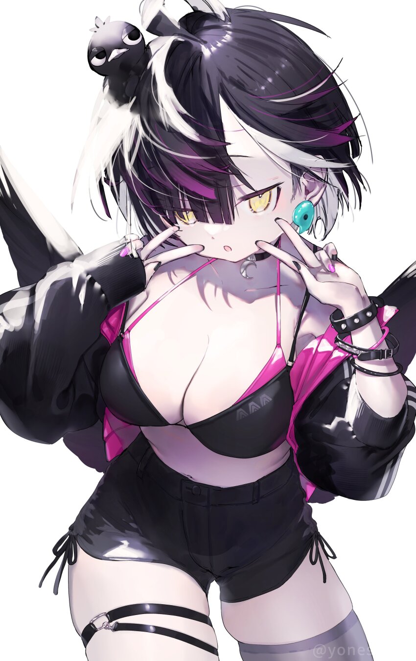 1girl, :o, absurdres, animal, animal_on_head, bikini, bikini_top_only, bird_girl