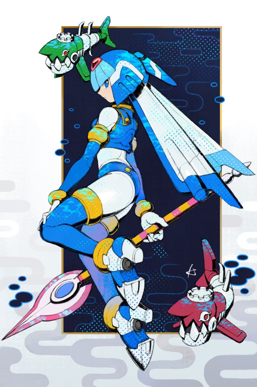 1girl, android, armor, blue_armor, bodysuit, fairy_leviathan_(mega_man), helmet, highres