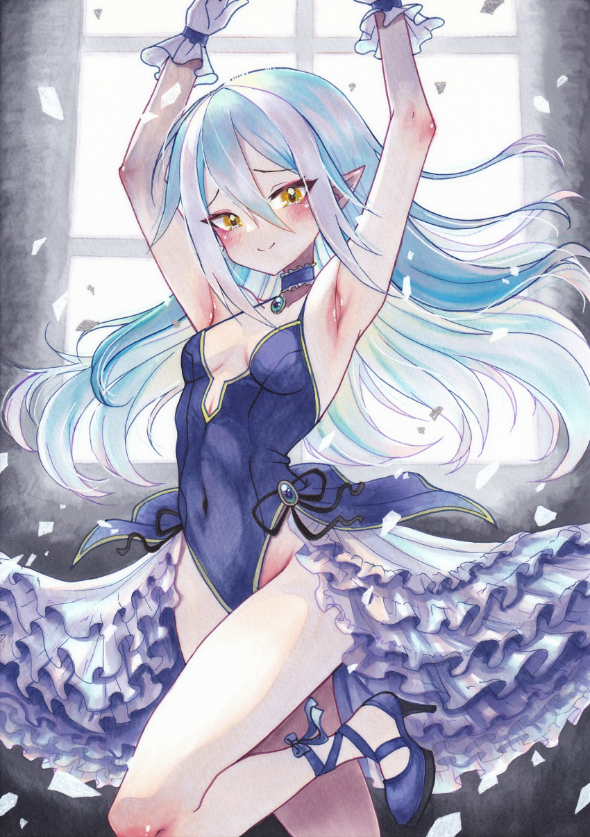 1girl, absurdres, armpits, arms_up, bare_legs, bare_shoulders, blue_footwear, blue_hair