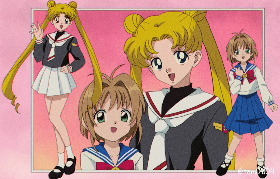 2girls, age_difference, bishoujo_senshi_sailor_moon, black_footwear, blonde_hair, blue_sailor_collar, blue_skirt, bow