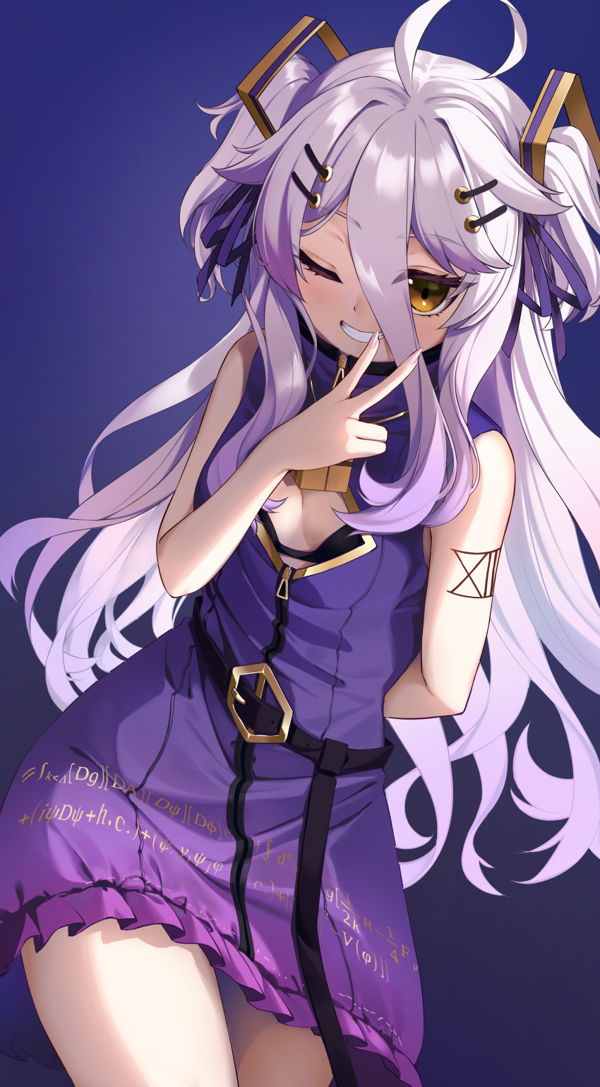 1girl, absurdres, ahoge, arm_tattoo, black_bra, bra, breasts, cleavage_cutout, clothing_cutout, dress, fujishiro_kuma, hair_ornament, hairpin, henya_the_genius, henya_the_genius_(1st_costume), highres, long_bangs, long_hair, looking_at_viewer, number_tattoo, one_eye_closed, purple_dress, purple_hair, sidelocks, sleeveless, sleeveless_dress, small_breasts, solo, tattoo, two_side_up, underwear, v, virtual_youtuber, vshojo, yellow_eyes