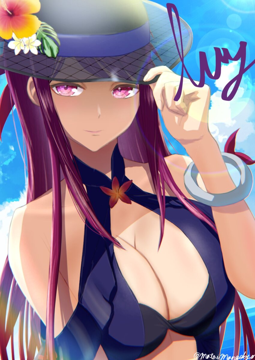 1girl, alternate_costume, black_hat, blue_one-piece_swimsuit, bracelet, breasts, character_name, cleavage