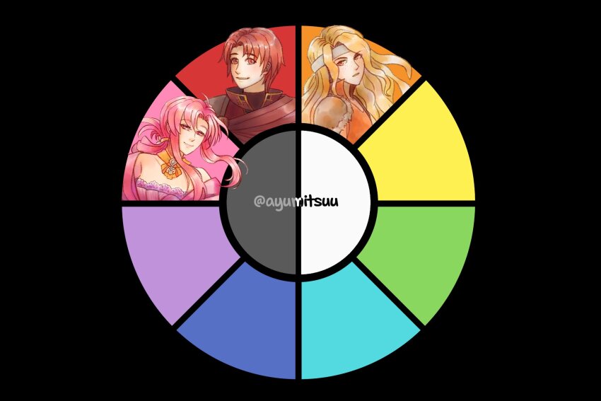 1boy, 1girl, ayumitsuu, azelle_(fire_emblem), blonde_hair, brigid_(fire_emblem), cape, color_wheel_challenge