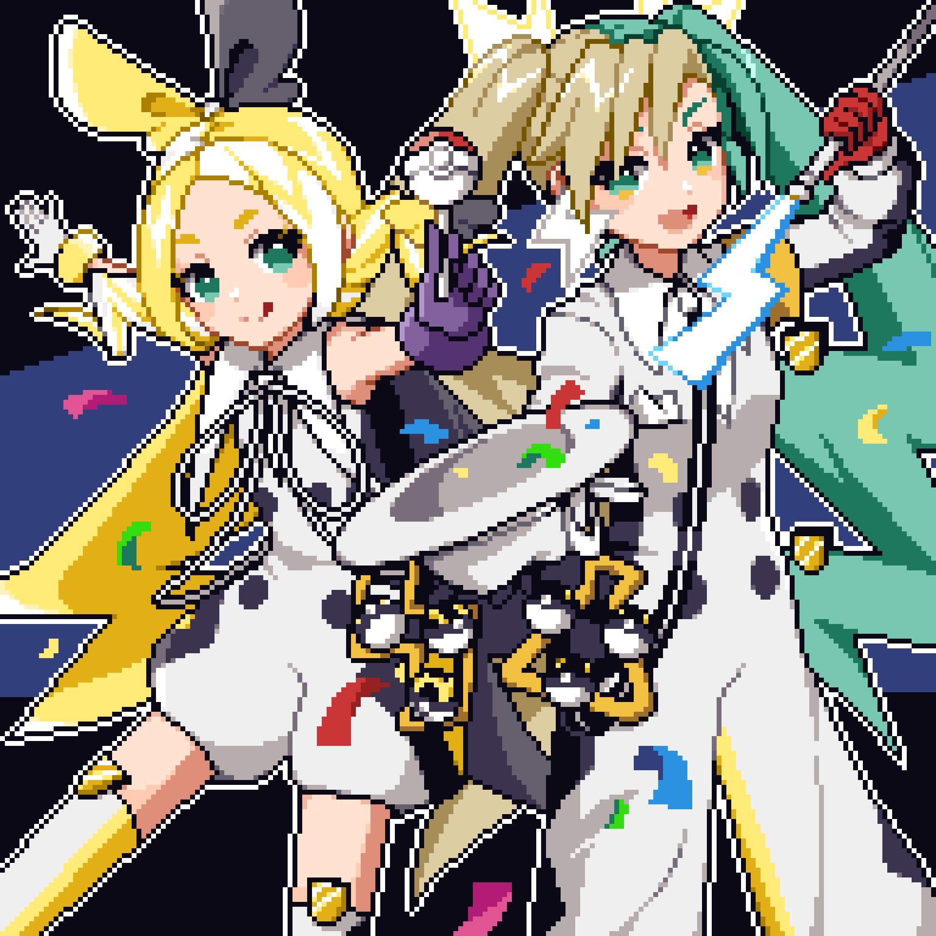 2girls, artist_request, blonde_hair, electric_miku_(project_voltage), halloween_morpeko_kagamine_rin_(project_voltage), hat, hatsune_miku, highres, kagamine_rin, luna_118_222, multiple_girls, nintendo, pixel_art, pokemon, project_voltage, vocaloid