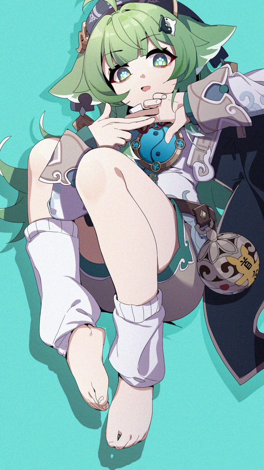 1girl, absurdres, ahoge, animal_ears, aqua_background, barefoot, belt, blunt_bangs, brown_belt, brown_shorts, feet, film_grain, full_body, green_eyes, green_hair, grey_jacket, hair_ornament, hands_up, highres, honkai:_star_rail, honkai_(series), huohuo_(honkai:_star_rail), inseki11, jacket, knees_up, leg_warmers, legs, long_hair, long_sleeves, open_mouth, own_hands_together, paw-shaped_pupils, shorts, solo, symbol-shaped_pupils, toenails, toes, yin_yang_hair_ornament