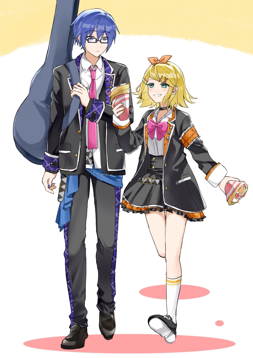 1boy, 1girl, 6_chair, absurdres, black_choker, blazer, blonde_hair, blue_eyes, blue_hair, blue_nails, bow, bowtie, carrying_over_shoulder, choker, crepe, food, full_body, giving_food, glasses, green_eyes, guitar_case, hair_between_eyes, hair_bow, hair_ornament, hairpin, highres, holding, holding_crepe, holding_food, instrument_case, jacket, kagamine_rin, kaito_(vocaloid), kneehighs, lapels, looking_at_another, multiple_hairpins, nail_polish, necktie, open_clothes, open_jacket, pants, pink_bow, pink_bowtie, pink_necktie, plaid_clothes, plaid_lapels, project_sekai, raised_eyebrows, shirt, short_hair, simple_background, skirt, smile, socks, vocaloid, walking, white_shirt, yellow_nails