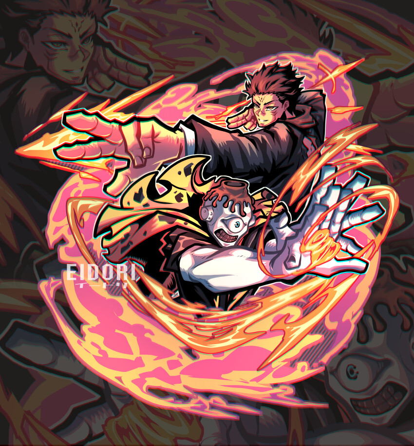 2boys, absurdres, artist_name, black_shirt, blue_eyes, cape, clenched_teeth, demon, eidori, facial_mark, fire, forehead_mark, foreshortening, hair_slicked_back, highres, jogo_(jujutsu_kaisen), jujutsu_kaisen, male_focus, multiple_boys, one-eyed, ryoumen_sukuna_(jujutsu_kaisen), shirt, teeth, yellow_cape, yellow_eyes, zoom_layer