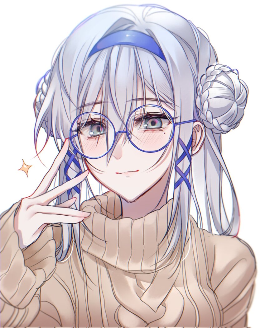 1girl, alternate_costume, bespectacled, blue-framed_eyewear, blue_eyes, blue_headband, double_bun, glasses