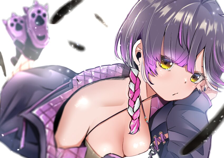 1girl, :o, absurdres, black_feathers, black_hair, black_jacket, black_nails, blunt_bangs