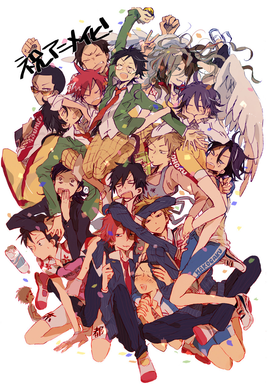 6+boys, ahoge, angel_wings, aoyagi_hajime, arakita_yasutomo, arm_up, biker_clothes, black_hair
