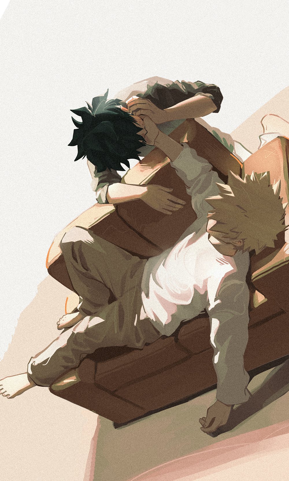 2boys, bakugou_katsuki, blonde_hair, boku_no_hero_academia, brown_pants, brown_shirt, couch, green_hair