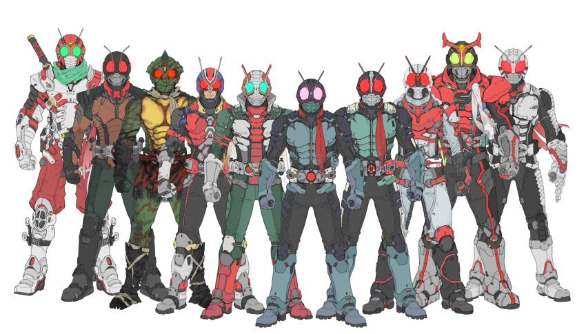 6+boys, absurdres, alternate_color, antennae, armlet, armor, armored_boots, bandage_on_leg