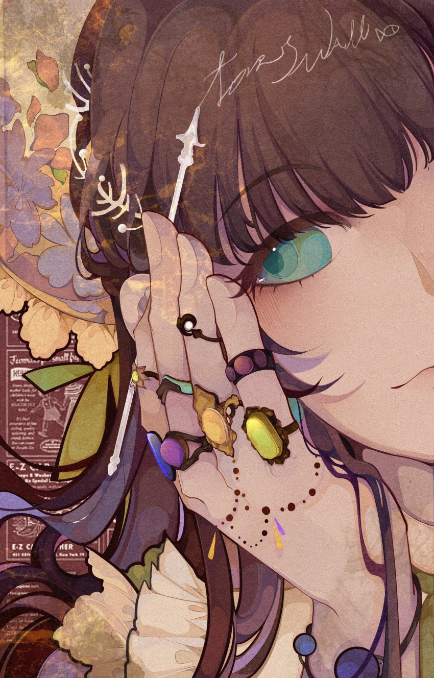 1girl, abstract_background, absurdres, blue_eyes, blue_gem, blush, bracelet, brown_hair, character_name, chengzitan90, chinese_commentary, colored_eyelashes, commentary_request, fingernails, flower, fors_wall, gem, hand_on_own_cheek, hand_on_own_face, highres, holding, holding_pen, jewelry, long_hair, looking_to_the_side, lord_of_the_mysteries, orange_gem, pen, purple_gem, ring, signature, smile, solo, yellow_gemstone