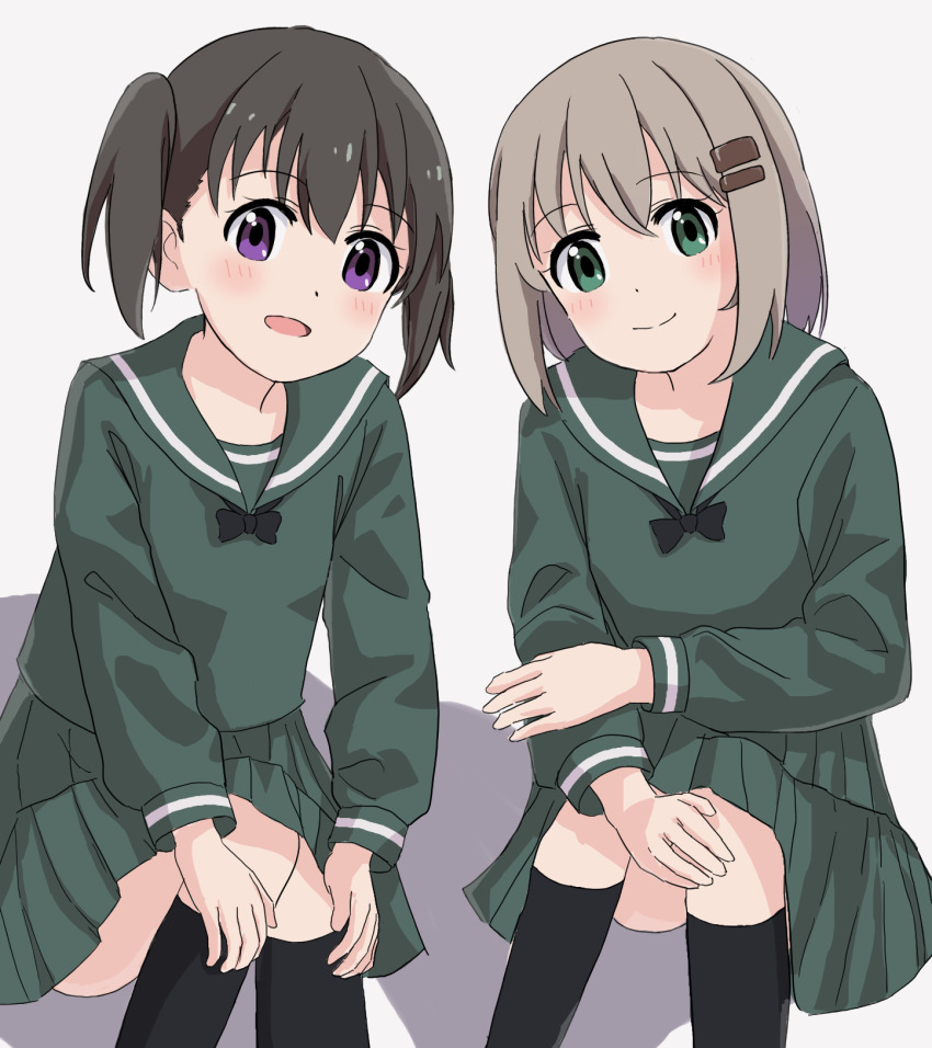 2girls, black_hair, black_socks, blush, closed_mouth, dot_nose, female_focus, green_eyes, green_sailor_collar, grey_hair, hair_ornament, hairclip, highres, kuraue_hinata, long_sleeve_shirt, long_sleeves, looking_at_viewer, medium_hair, multiple_girls, okota, open_mouth, purple_eyes, sailor_collar, school_uniform, serafuku, simple_background, sitting, skirt, socks, thighs, white_background, yama_no_susume, yukimura_aoi