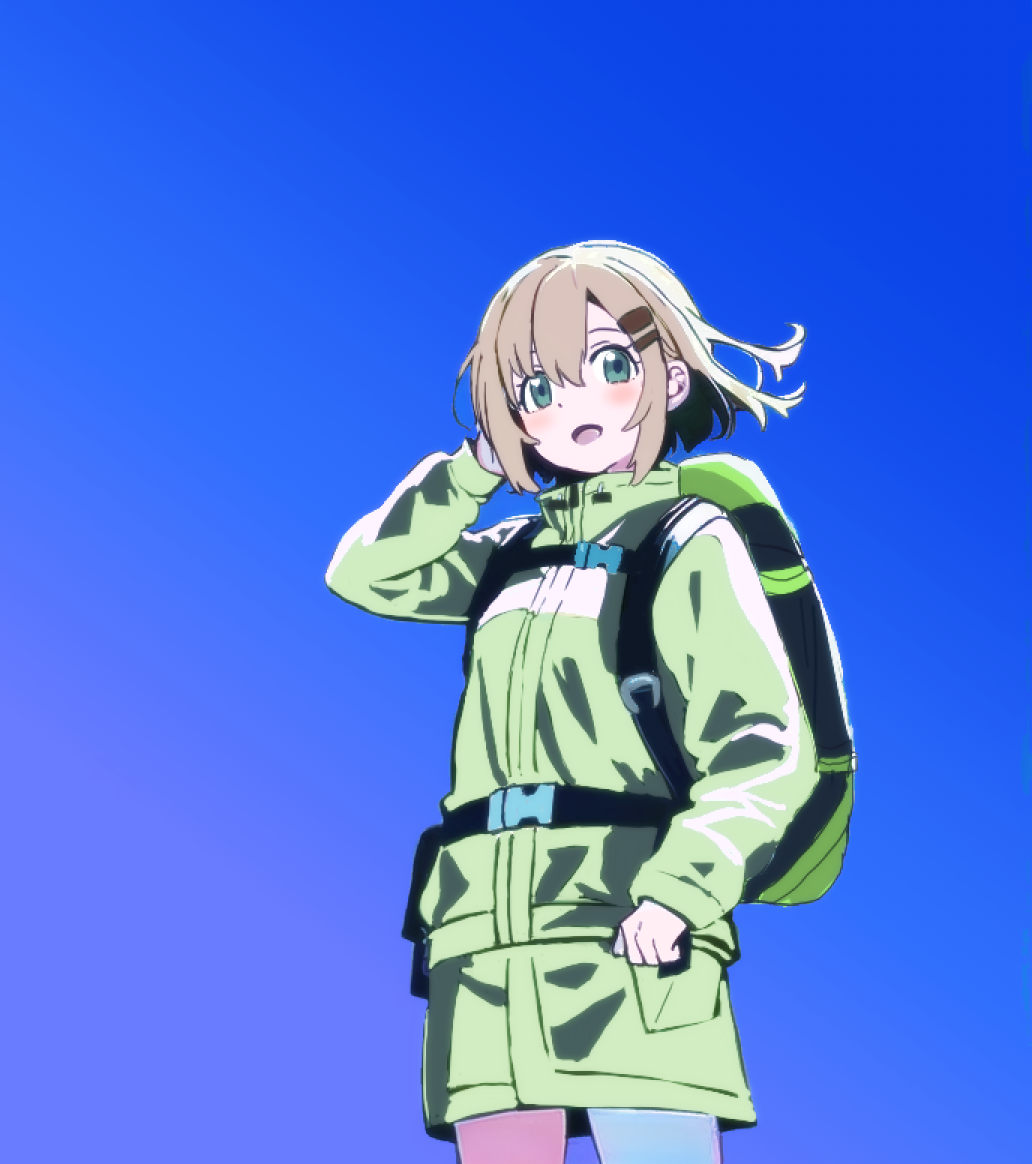 1girl, arm_up, backpack, bag, blue_background, blush, dot_nose, green_eyes