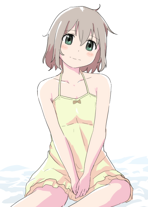 1girl, bare_shoulders, blush, blush_stickers, bow, closed_mouth, dot_nose, female_focus, green_eyes, grey_hair, looking_at_viewer, medium_hair, messy_hair, nightgown, okota, sitting, solo, yama_no_susume, yukimura_aoi