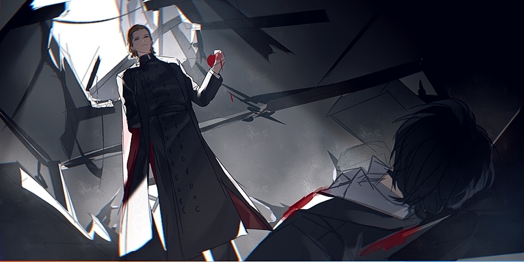 2boys, black_hair, black_jacket, black_robe, blood, blood_on_clothes, corpse, dark, day, deep_wound, heart, heart_(organ), holding, holding_heart, holding_heart_(organ), ince_zangwill, indoors, injury, jacket, klein_moretti, looking_down, lord_of_the_mysteries, multiple_boys, robe, ruins, shaded_face, shadow, shirt, short_hair, sky, tianlihutong, white_shirt