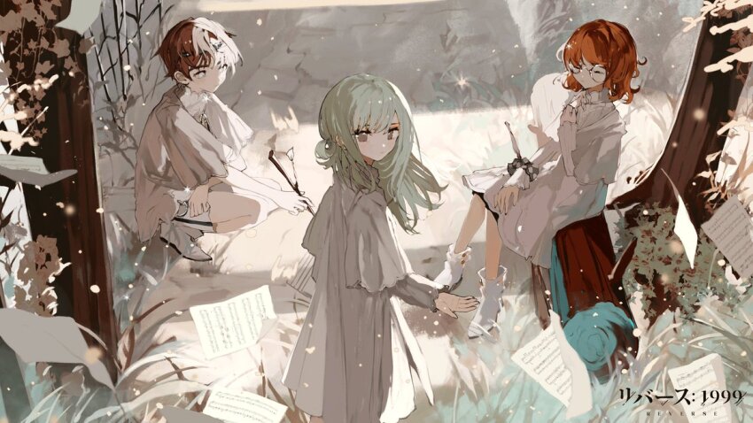 1boy, 2girls, aged_down, ankle_boots, boots, branch, brown_hair, circlet