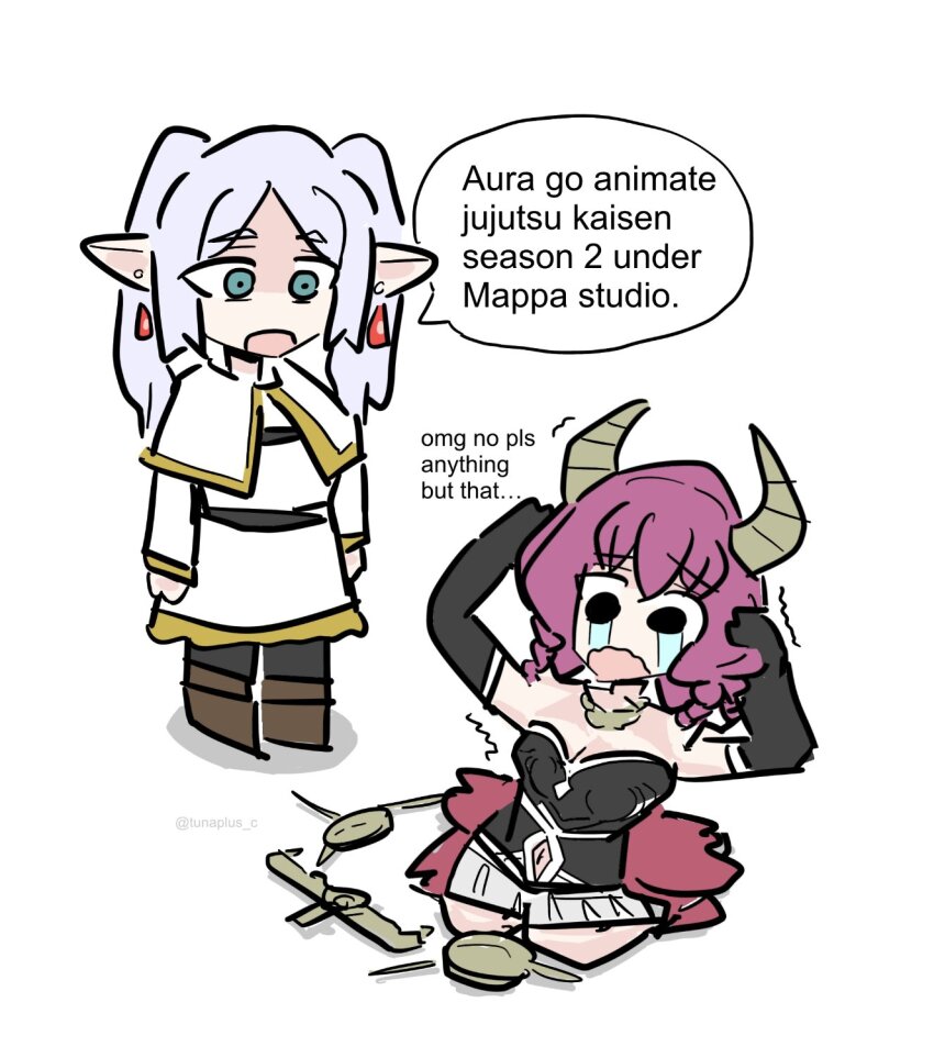 2girls, aqua_eyes, aura_(sousou_no_frieren), aura_bullying_(meme), black_dress, black_gloves, boots, brown_footwear, capelet, commentary, crying, crying_with_eyes_open, demon_girl, demon_horns, dress, earrings, elbow_gloves, elf, english_commentary, english_text, frieren, full_body, gloves, gold_trim, highres, horns, jewelry, kneeling, long_hair, looking_at_another, motion_lines, multiple_girls, open_mouth, pantyhose, parted_bangs, pointy_ears, simple_background, skirt, skirt_set, sousou_no_frieren, speech_bubble, standing, streaming_tears, tears, tunaplus_c, twintails, twitter_username, white_background, white_capelet, white_hair, white_skirt