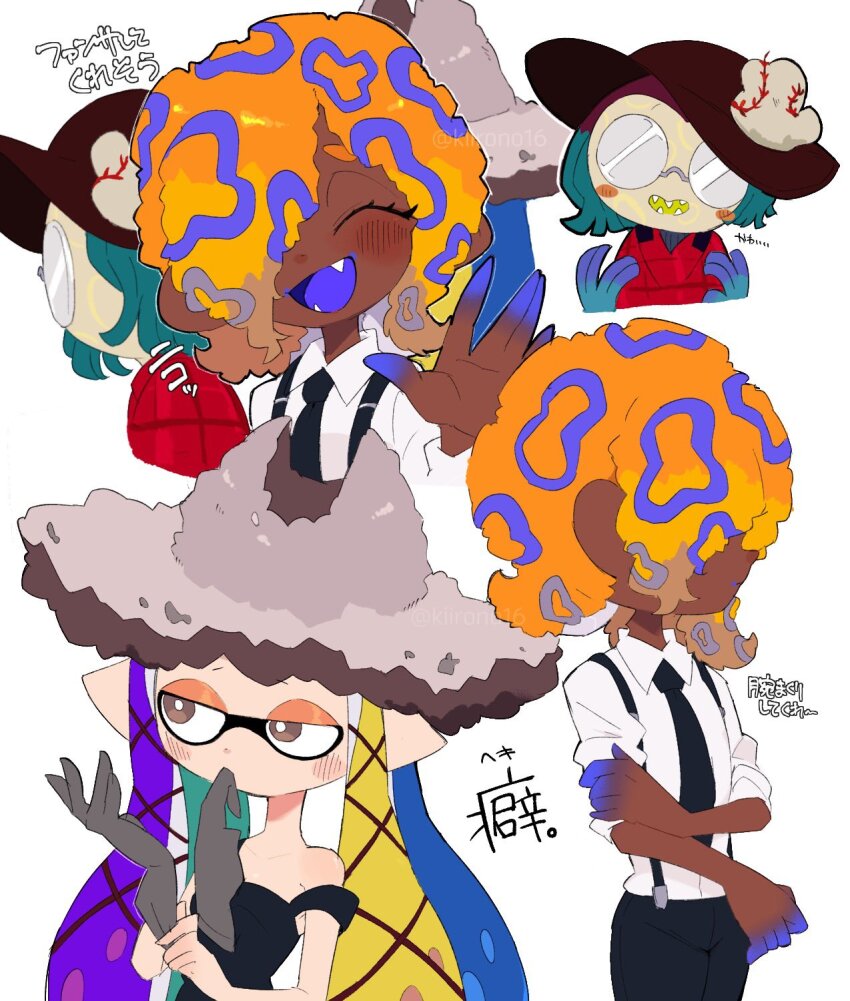 3girls, black_dress, black_headwear, black_necktie, black_pants, bright_pupils, closed_eyes, collared_shirt, dark-skinned_female, dark_skin, dress, glasses, gloves, grey_eyes, grey_gloves, hair_over_one_eye, highres, kiirono, mouth_hold, multicolored_hair, multiple_girls, multiple_views, necktie, nintendo, opaque_glasses, open_mouth, pants, plaid_clothes, plaid_shirt, pointy_ears, profile, red_shirt, shirt, shirt_tucked_in, smile, splatoon_(series), splatoon_3, suspenders, tao_blu, tosh_(splatoon), white_pupils, white_shirt, yoko_&amp;_the_gold_bazookas_saxophonist, yoko_(splatoon)