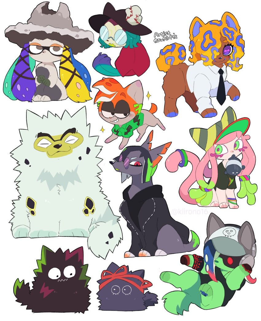 animalization, black_necktie, cat, character_request, collared_shirt, dog, glasses, green_eyes, grey_eyes, hair_over_one_eye, harmony_(splatoon), hat, headphones, highres, kiirono, kitamura_(splatoon), long_sleeves, looking_at_viewer, mouth_hold, necktie, nintendo, no_humans, opaque_glasses, purple_eyes, red_eyes, shirt, simple_background, splatoon_(series), tao_blu, tosh_(splatoon), twitter_username, white_background, white_shirt, yoko_&amp;_the_gold_bazookas_saxophonist, yoko_(splatoon)