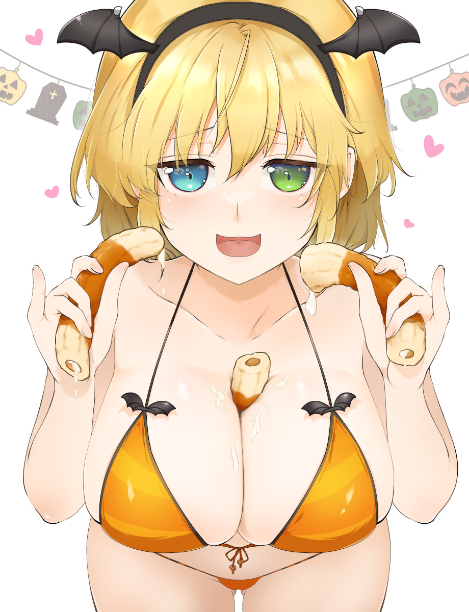 1girl, :3, alternate_costume, bare_shoulders, bat_wings, between_breasts, bikini, blonde_hair, blue_eyes, blush, breasts, churro, cleavage, collarbone, commentary_request, cream, fake_head_wings, fingernails, food, food_on_body, food_on_breasts, front-tie_bikini_top, front-tie_top, green_eyes, groin, halloween, halloween_costume, handjob_gesture, hanging_breasts, happy_halloween, heart, heterochromia, highres, holding, holding_food, icing, jack-o'-lantern, kinako_(mzknk0), large_breasts, looking_at_viewer, messy, micro_bikini, open_mouth, orange_bikini, pastry, phallic_symbol, ryouna_(senran_kagura), senran_kagura, senran_kagura_shinovi_versus, sexually_suggestive, short_hair, simple_background, simulated_handjob, simulated_paizuri, smile, solo, string_bikini, string_of_flags, suggestive_fluid, sweets, swimsuit, tombstone, tongue, white_background, wings