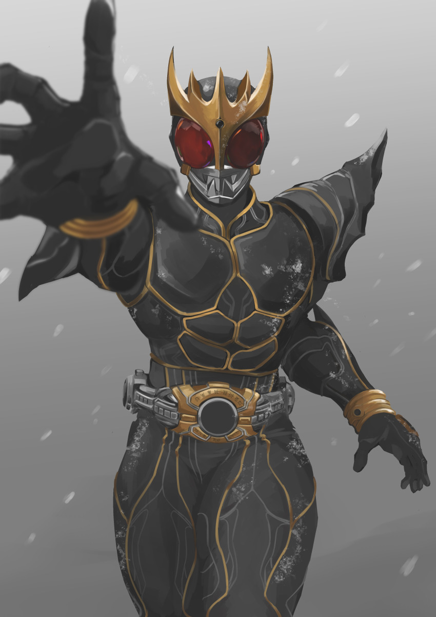 1boy, absurdres, arcle_(kuuga), armor, black_armor, blurry, commentary_request, compound_eyes