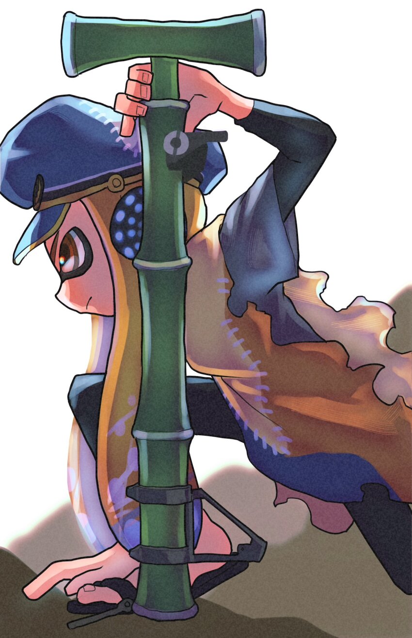 1girl, agent_3_(splatoon), bamboozler_14_(splatoon), black_pants, blonde_hair, blue_hair, blue_shirt, captain_3_(splatoon)