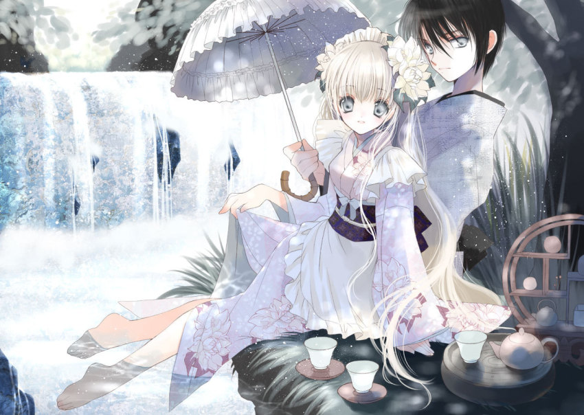 1boy, 1girl, barefoot, black_hair, blue_eyes, couple, cup, flower