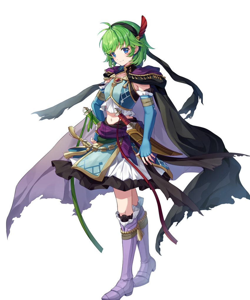 1girl, black_cloak, cloak, dagger, elbow_gloves, fingerless_gloves, fire_emblem, fire_emblem:_the_blazing_blade, fire_emblem_heroes, frilled_skirt, frills, gloves, green_hair, highres, knife, midriff, navel, nino_(fang's_heart)_(fire_emblem), nino_(fire_emblem), nintendo, non-web_source, official_alternate_costume, official_art, purple_gloves, purple_hair, ringozaka_mariko, skirt, solo, weapon