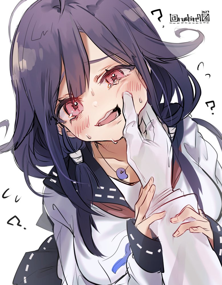 1boy, 1girl, ?, admiral_(kancolle), blush, breasts, cheek_pinching, dated