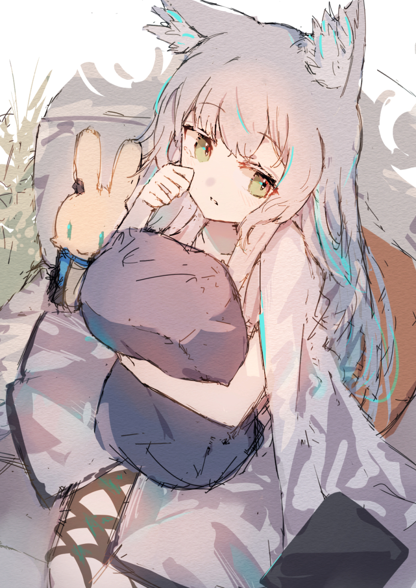1girl, animal_ear_fluff, animal_ears, arknights, cat_ears, cat_girl, choshanland_plushy_(arknights), commentary, dress, green_eyes, highres, hugging_object, k_futoshi_0n0, long_hair, official_alternate_costume, parted_lips, pillow, pillow_hug, rosmontis_(arknights), rosmontis_(become_anew)_(arknights), sitting, solo, white_dress