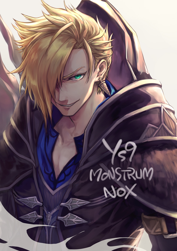 1boy, armor, blonde_hair, blue_shirt, collared_shirt, copyright_name, earrings, green_eyes