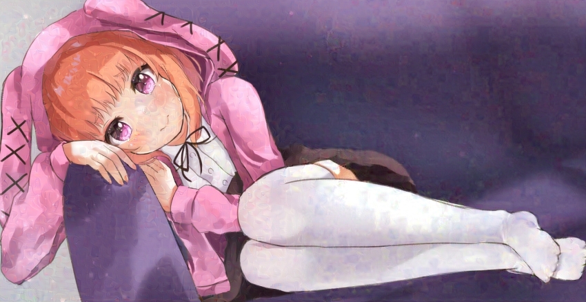 1girl, :>, animal_ears, blush, brown_skirt, couch, denonbu, fake_animal_ears, feet, grey_background, hood, hoodie, indoors, light_particles, long_sleeves, looking_at_viewer, mukaino_kei, on_couch, orange_hair, pink_eyes, pink_hoodie, rabbit_ears, ribbon, sakurano_mimito, short_hair, skirt, smile, solo, tears, thighhighs, white_thighhighs