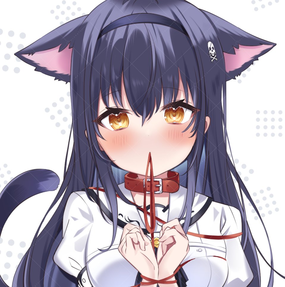 1girl, animal_ear_fluff, animal_ears, belt_collar, black_hair, black_hairband, blush, bone_hair_ornament
