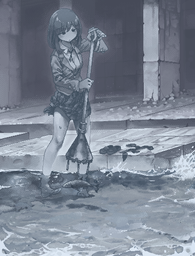 1girl, bandaged_hand, bandages, barefoot, closed_mouth, collared_shirt, explosive, fish