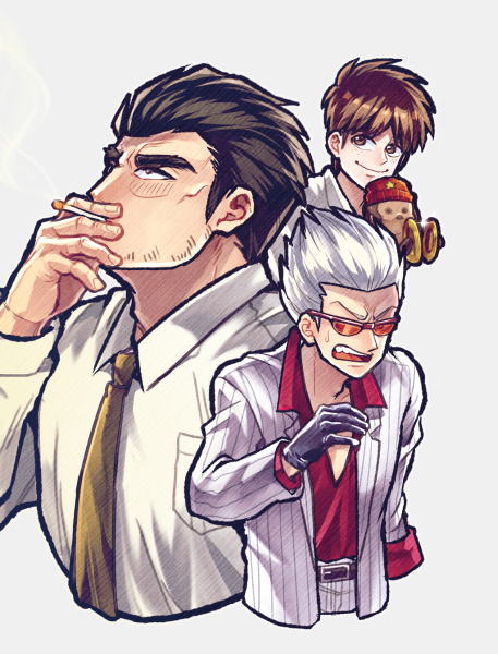 3boys, akagi:_yami_ni_oritatta_tensai, black_eyes, black_gloves, black_hair, brown_eyes, brown_hair, brown_necktie