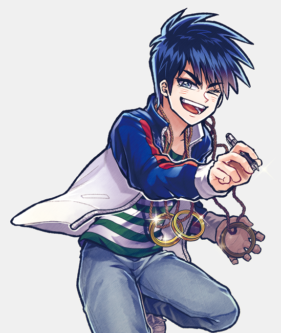 1boy, black_hair, blue_jacket, blue_pants, commentary_request, denim, foot_out_of_frame, green_shirt