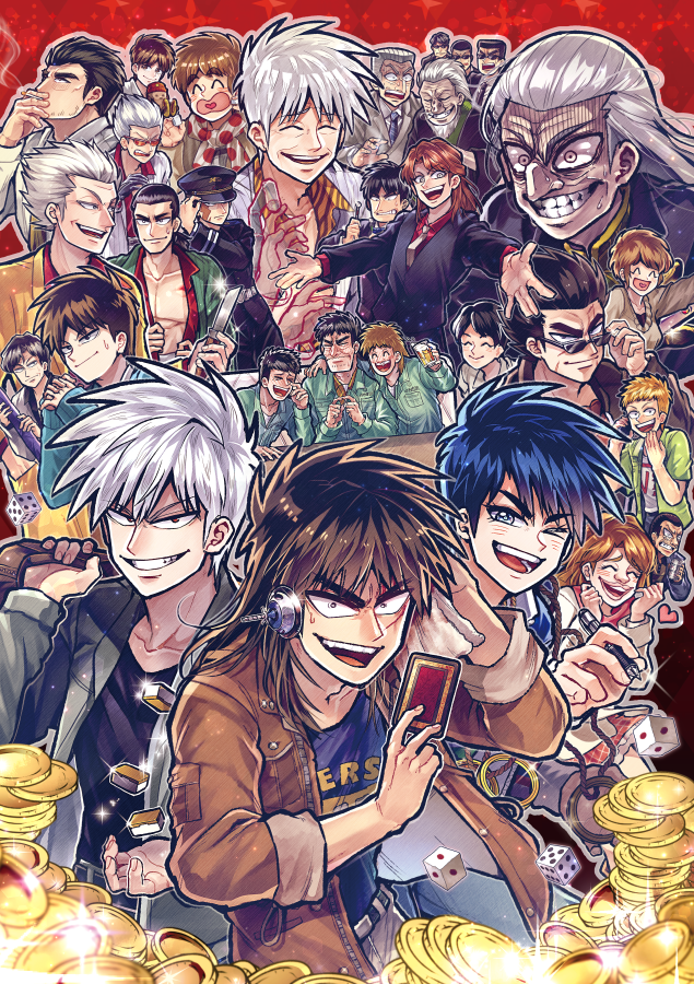 3girls, 6+boys, :d, ^_^, adjusting_clothes, adjusting_eyewear, adjusting_headwear, akagi:_yami_ni_oritatta_tensai, akagi_shigeru, alcohol, animal_print, arm_around_shoulder, asai_junichi, atsuize_pen-chan, bag, bags_under_eyes, beard, beer, beer_can, belt, black_belt, black_eyes, black_footwear, black_gloves, black_hair, black_headwear, black_jacket, black_necktie, black_pants, black_shirt, blazer, blonde_hair, blue_jacket, blue_necktie, blue_pants, blue_shirt, blush, bomber_jacket, boots, box, breasts, brown_bag, brown_coat, brown_eyes, brown_footwear, brown_hair, brown_jacket, brown_necktie, brown_shirt, buraiden_gai, buttons, buzz_cut, can, cane, card, character_request, cigarette, clenched_teeth, closed_eyes, closed_mouth, coat, coin, collared_shirt, commentary_request, constricted_pupils, construction_worker, cowboy_shot, cup, cymbals, denim, dice, double-breasted, drink_can, drunk, employee_uniform, epaulettes, expressionless, facial_hair, facial_scar, father_and_child, father_and_daughter, fingernails, flattop, foot_out_of_frame, formal_clothes, fukumoto_mahjong, full_body, gin_to_kin, glint, gloom_(expression), gloves, gold_trim, green_jacket, green_jumpsuit, green_pants, green_shirt, grey_belt, grey_eyes, grey_hair, grey_jacket, grey_pants, grey_shirt, grin, hair_slicked_back, hand_in_pocket, haori, hat, heart, heart_in_mouth, hirai_ginji, hirayama_yukio, holding, holding_bag, holding_box, holding_can, holding_card, holding_cigarette, holding_cup, holding_knife, hyoudou_kazutaka, ichijou_seiya, igawa_hiroyuki, instrument, itou_kaiji, jacket, japanese_clothes, jeans, jewelry, jumpsuit, tobaku_mokushiroku_kaiji, katatsumuri_(kataaaaaaaaa), knife, kudou_gai, kurosawa_(saikyou_densetsu_kurosawa), large_nose, laughing, letterman_jacket, long_hair, long_sleeves, looking_afar, looking_at_another, looking_at_viewer, low_ponytail, mahjong, mahjong_tile, mandarin_collar, medium_breasts, medium_hair, military_hat, military_uniform, money, morita_tetsuo, multiple_boys, multiple_girls, murakami_tamotsu, nangou_(akagi), necklace, necktie, newspaper, nose_bubble, nozaki_osamu, old, old_man, one_eye_closed, open_clothes, open_jacket, open_mouth, open_shirt, orange-tinted_eyewear, orange_shirt, outstretched_arms, own_hands_together, pants, parent_and_child, parted_bangs, peaked_cap, pen, pink_scarf, pinstripe_pattern, pinstripe_suit, plaid_clothes, plaid_skirt, plastic_bag, playing_card, pointy_nose, polka_dot_neckerchief, ponytail, print_shirt, red_background, red_eyes, red_shirt, red_skirt, ring, ring_necklace, sahara_makoto, saikyou_densetsu_kurosawa, sakaguchi_yoshiaki, sakazaki_koutarou, sakazaki_mikoko, sanpaku, sawada_(ten), scar, scar_across_eye, scar_on_cheek, scar_on_face, scarf, shirt, short_bangs, short_hair, skirt, sleeping, smile, smoking, spiked_hair, spread_arms, staff, standing, striped_clothes, striped_jacket, striped_shirt, stuffed_monkey, suit, sunglasses, sweat, teeth, ten_(manga), ten_takashi, tenbou, thick_eyebrows, tiger_print, tinted_eyewear, tobaku_haouden_zero, tonegawa_yukio, tongue, ukai_zero, undershirt, upper_body, upper_teeth_only, v-shaped_eyebrows, vertical-striped_clothes, vertical-striped_jacket, very_short_hair, washizu_iwao, watanabe_yuuichi, wavy_mouth, white_hair, white_jacket, white_necktie, white_shirt, wrinkled_skin, yellow_jacket, yellow_pants, yellow_shirt