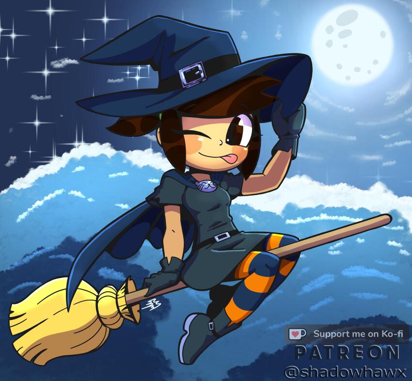 1girl, ;p, absurdres, adjusting_clothes, adjusting_headwear, artist_name, belt, blue_boots, blue_cape, blue_dress, blue_gloves, blue_hat, blue_pantyhose, blush_stickers, boots, brooch, broom, broom_riding, brown_hair, cape, cat_brooch, chibi, commentary, dress, english_commentary, full_body, gloves, hat, hat_belt, highres, jewelry, ko-fi_logo, looking_at_viewer, medium_hair, moon, night, one_eye_closed, orange_pantyhose, original, pantyhose, ponytail, shadowhawx, sidelocks, sky, solo, star_(sky), starry_sky, striped_clothes, striped_pantyhose, tongue, tongue_out, witch, witch_hat