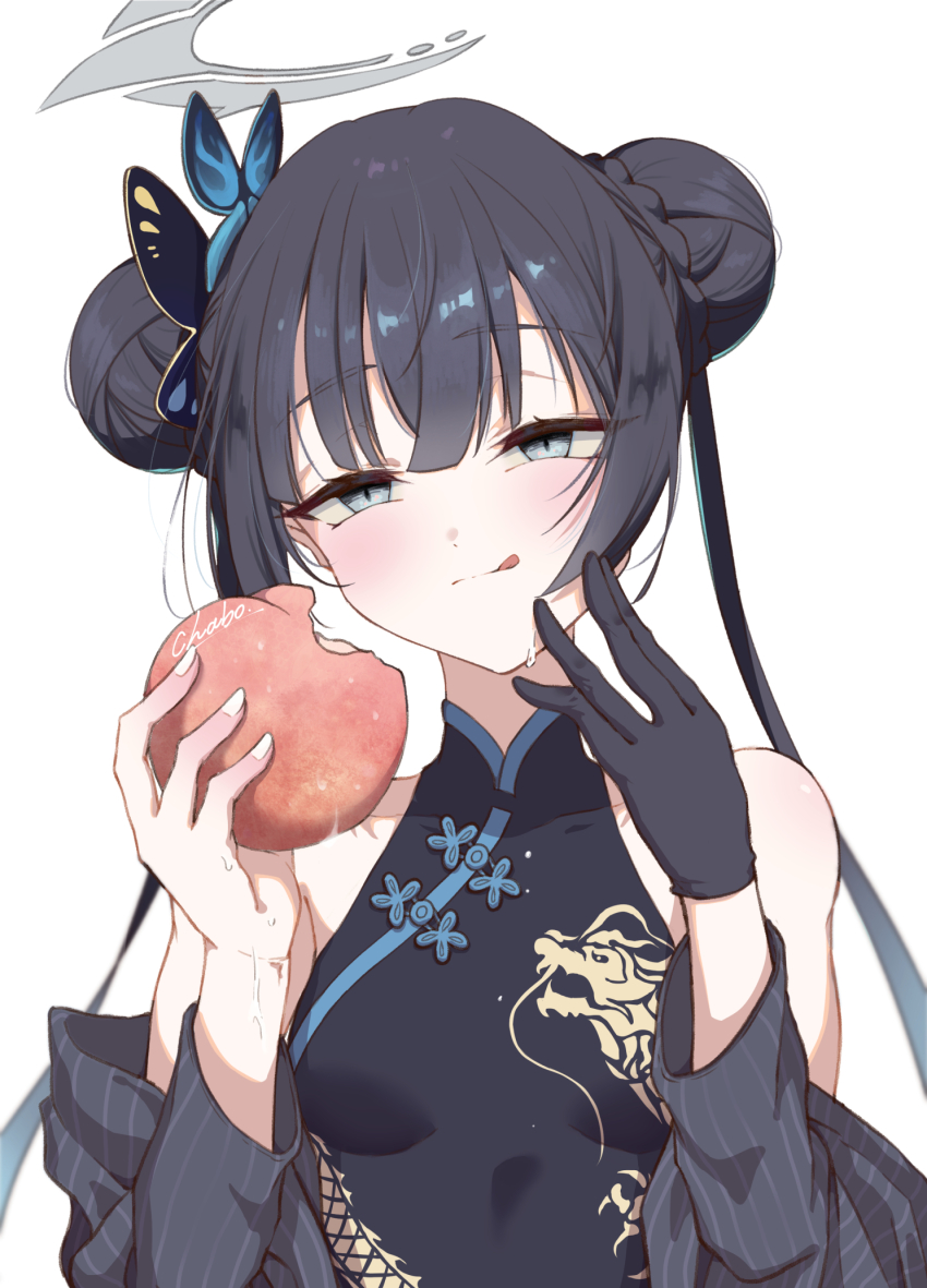 1girl, black_dress, black_gloves, black_hair, blue_archive, blush, breasts, butterfly_hair_ornament