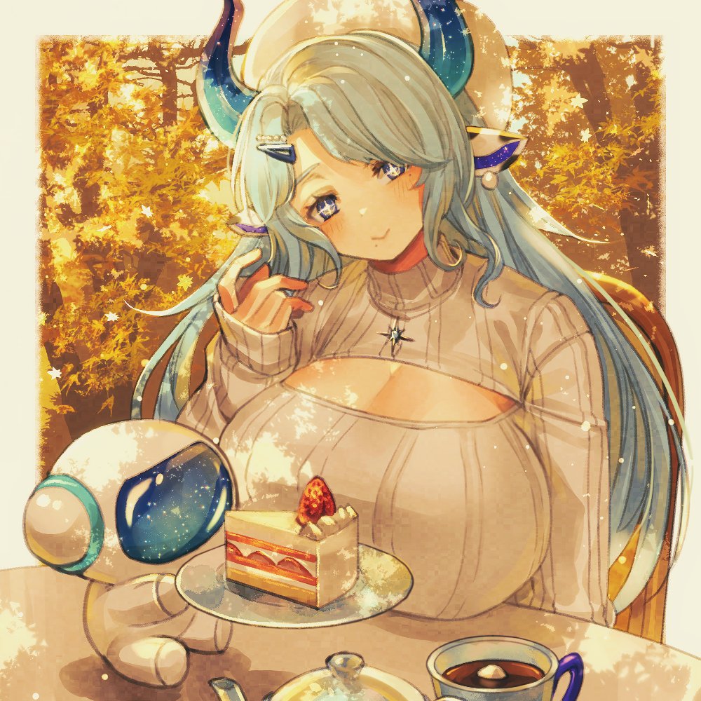 1girl, animal_ears, autumn_leaves, blue_eyes, blue_hair, blue_horns, breast_rest, breasts, breasts_on_table, cake, cake_slice, chair, cleavage, cleavage_cutout, clothing_cutout, commission, cow_ears, cow_girl, cow_horns, cup, earrings, food, fruit, grey_sweater, hair_ornament, hairclip, horns, indie_virtual_youtuber, jewelry, kokuzu, large_breasts, leaf, long_hair, long_sleeves, miilkywayz, mole, mole_under_mouth, pearl_earrings, ribbed_sweater, robot, second-party_source, skeb_commission, sleeves_past_wrists, sparkling_eyes, strawberry, sweater, table, teacup, teapot, tree, upper_body, virtual_youtuber