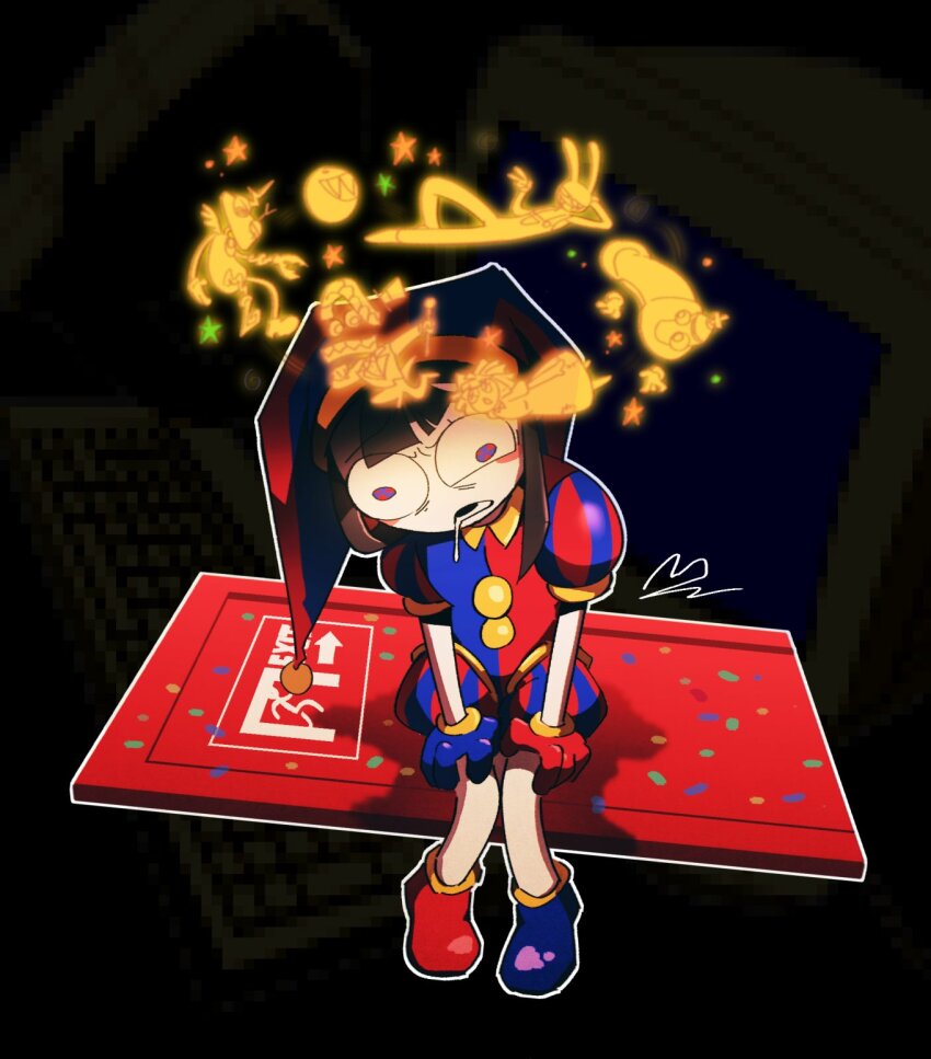 asymmetrical_gloves, blue_eyes, blue_gloves, blue_headwear, blush_stickers, brown_hair, bubble_(the_amazing_digital_circus), caine_(the_amazing_digital_circus), gangle_(the_amazing_digital_circus), gloves, hat, hat_bell, highres, jax_(the_amazing_digital_circus), jester_cap, kinger_(the_amazing_digital_circus), lisa77494, mismatched_gloves, multicolored_eyes, multicolored_headwear, pomni_(the_amazing_digital_circus), ragatha_(the_amazing_digital_circus), red_eyes, red_gloves, red_headwear, striped_clothes, striped_headwear, the_amazing_digital_circus, two-tone_eyes, vertical-striped_clothes, vertical-striped_headwear, zooble_(the_amazing_digital_circus)