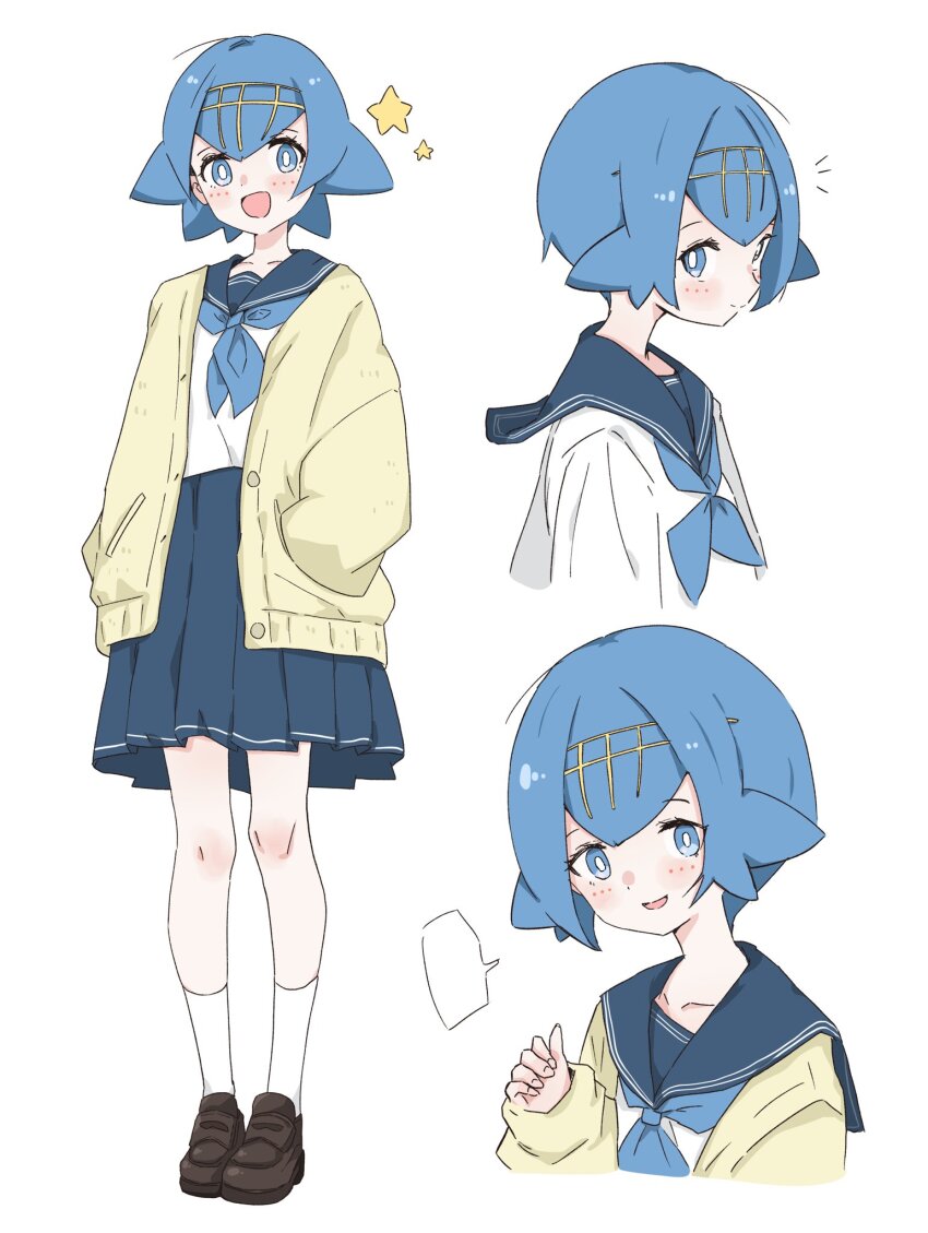 1girl, :d, alternate_costume, blank_speech_bubble, blue_eyes, blue_hair, blue_neckerchief, blush